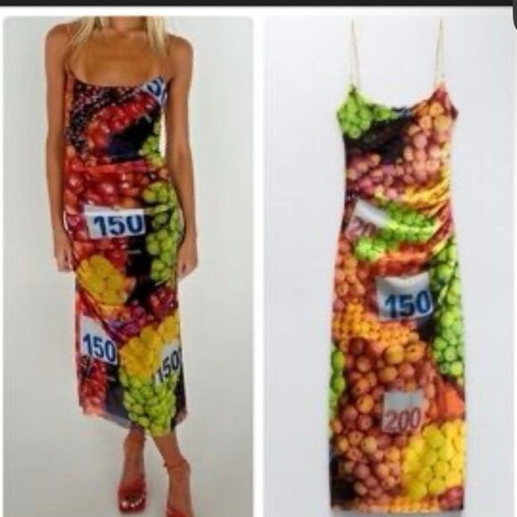 Zara Dresses & Skirts - Zara Multi Color Fruit Stand Print Ruched Mesh Midi Dress Large Quirky Novelty